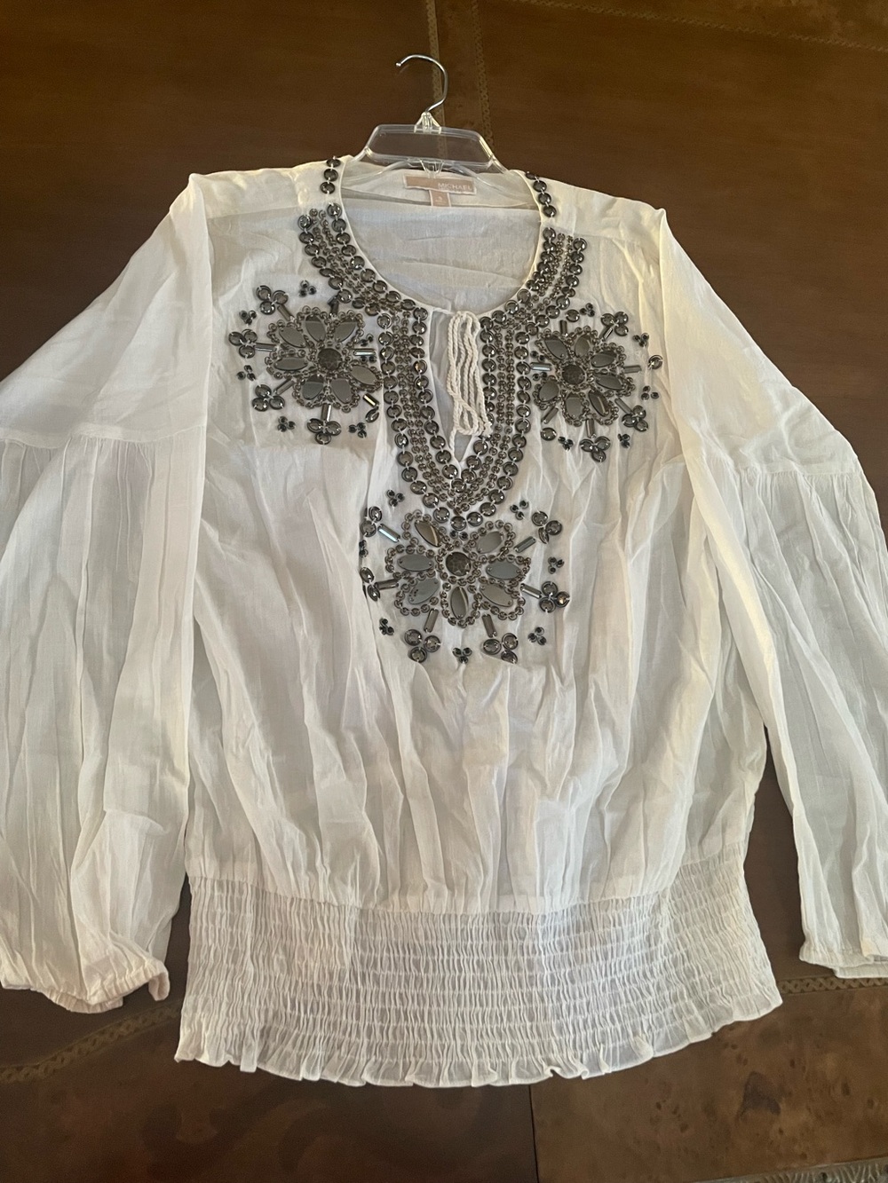 Michael Kors White Beaded Embellished Peasant Blouse